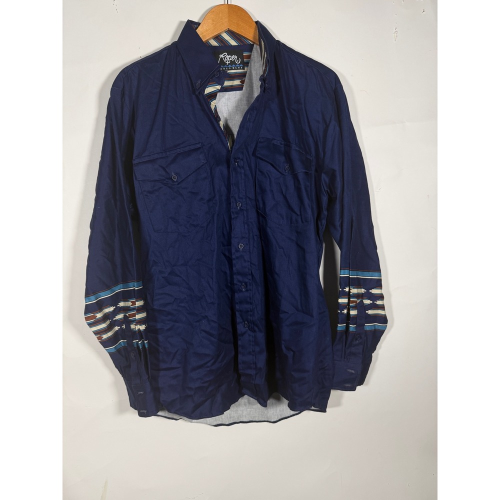 Roper Studio Blue Mens Western Shirt Navy Southwestern Sleeve Made in USA LRG